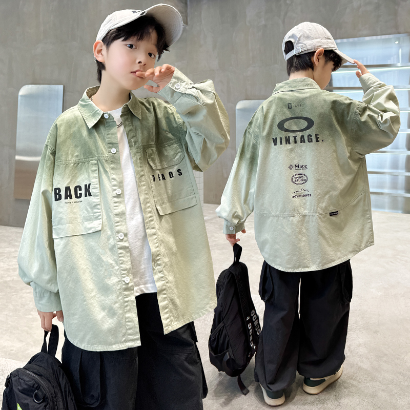 白色衬衫男童长袖新款秋款格子衫翻领炸街潮款上衣精致高级感帅气