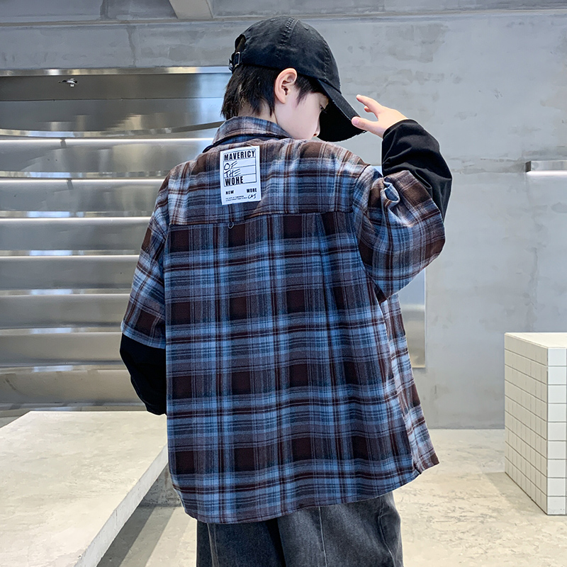 男童长袖衬衣炸街新品时尚2025酷帅服饰穿搭格纹舒服潮宝新款早秋