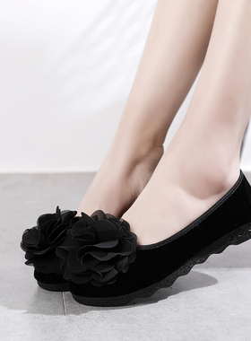 新款老北京布鞋舒适工作鞋女黑色软底防滑耐磨女鞋浅口花朵休闲鞋