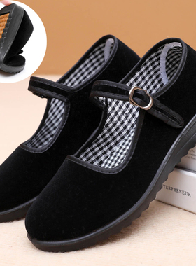 新款老北京布鞋女单鞋平底上班工作鞋黑色防滑广场舞鞋妈妈鞋软底