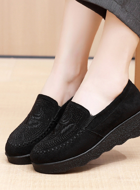 春秋款老北京布鞋豆豆女鞋松糕厚底坡跟中跟浅口黑色女工作鞋单鞋