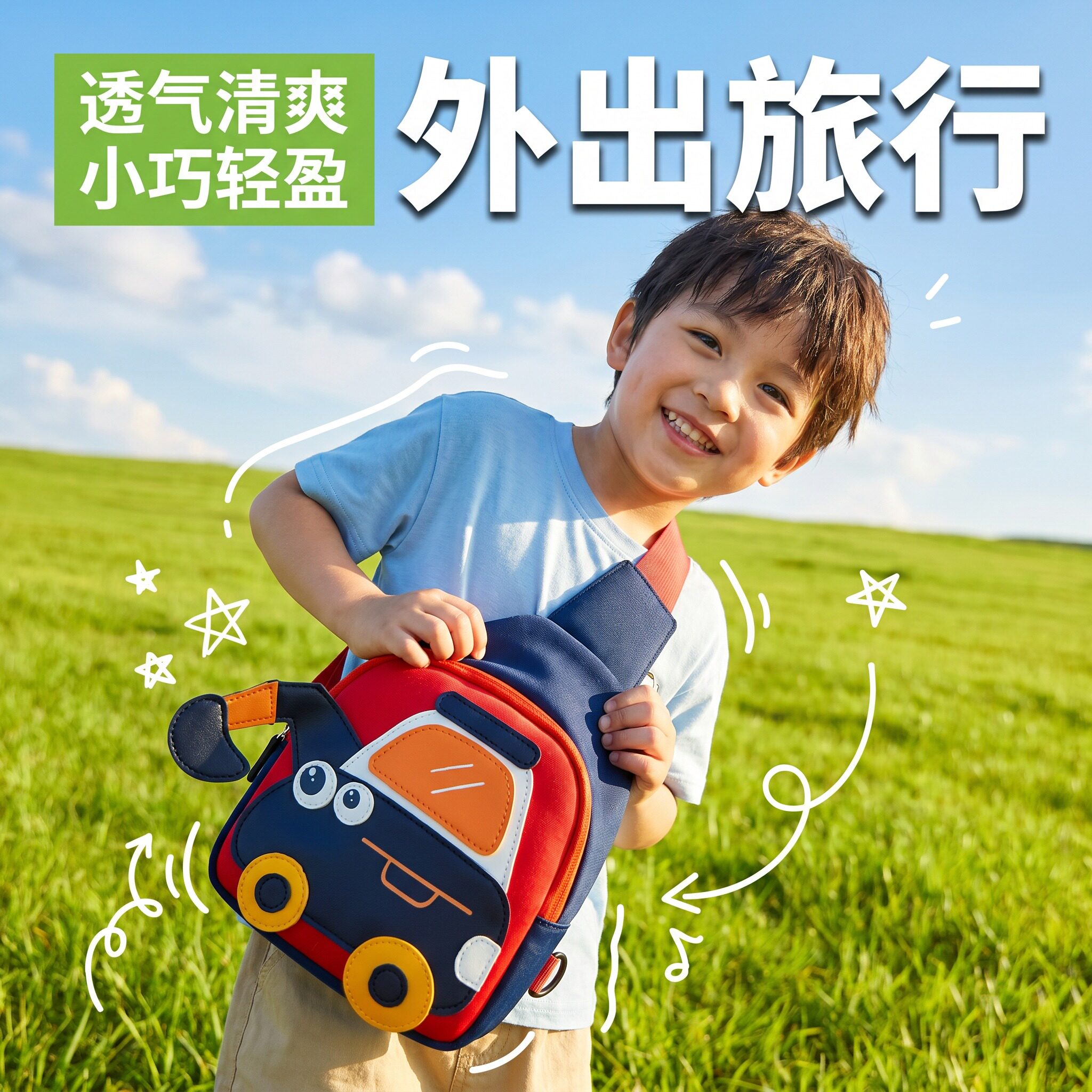 儿童斜挎包可爱挖掘机书包卡通单肩包包胸包轻量化设计防水大容量