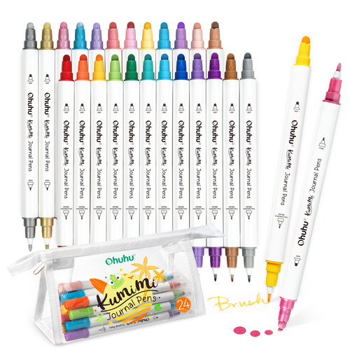 Ohuhu双头点点彩绘笔24色圆点头秀丽软头细硬头手账笔嘟嘟笔记号笔基础色浅色金属色水性墨水