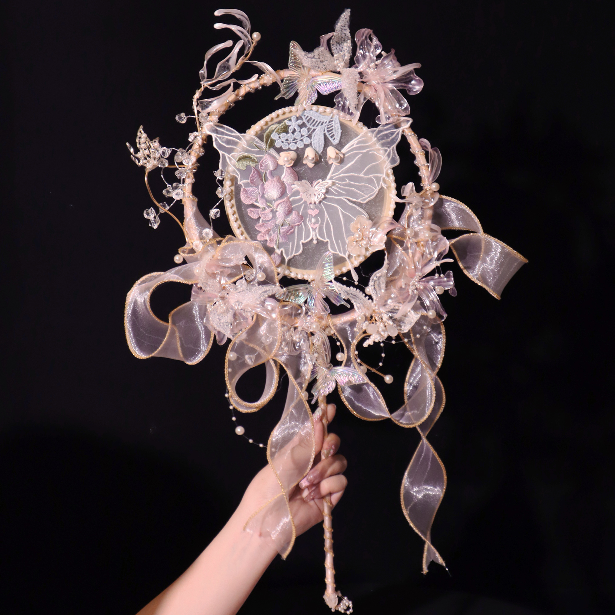 江梦原创设计[蝶梦]团扇新娘喜扇秀禾汉服仙气艺术品梦幻结婚礼物