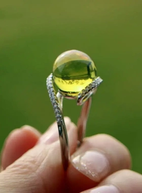 高档墨西哥蓝珀戒指气质镀银活口戒托女款琥珀蜜蜡圆珠指环新款