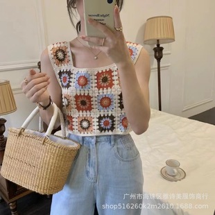 方领上衣女 法式 钩花针织修身 短款 背心设计感小众清新外穿马甲时尚