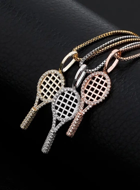 925银网球拍吊坠满锆石女款嘻哈个性项链饰品热卖