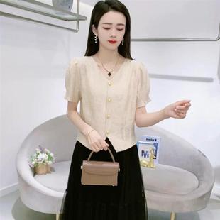2025年流行新款 上衣 女夏季 V領(lǐng)短袖 薄款 雪紡減齡漂亮小衫 襯衫 時(shí)尚