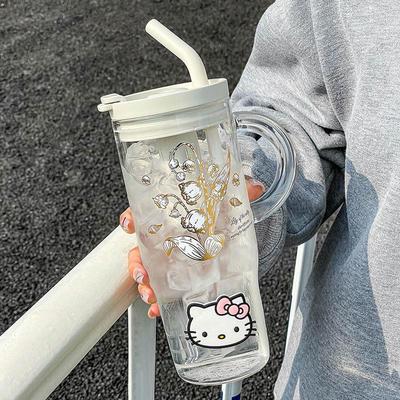 玻璃水杯带把手可爱少女家用吸管大容量水杯女生高颜值水壶耐高温