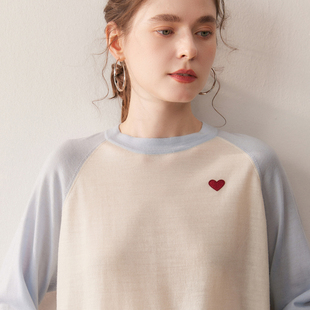 扬子纱精纺圆领拼色羊毛衫女宽松百搭简约休闲针织打底衫毛衣上衣