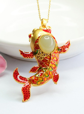 天然和田玉吊坠晴水锦鲤项链珐琅彩玉石新中式民族风饰品女士礼物
