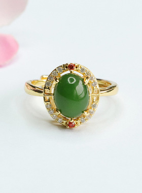 天然和田玉戒指菠菜绿碧玉指圈指环女士复古民族风饰品礼物玉石