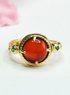 天然琥珀戒指血珀爪镶指环指圈女士复古民族风饰品时尚个性礼物