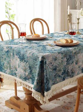 BTV轻复古提花油画感餐桌布雏菊大流苏桌布长方形茶几台布圆桌布