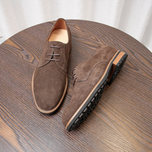 风新郎潮鞋 春季 翻毛牛皮手工实木跟系带英伦工装 男式 复古低帮皮鞋