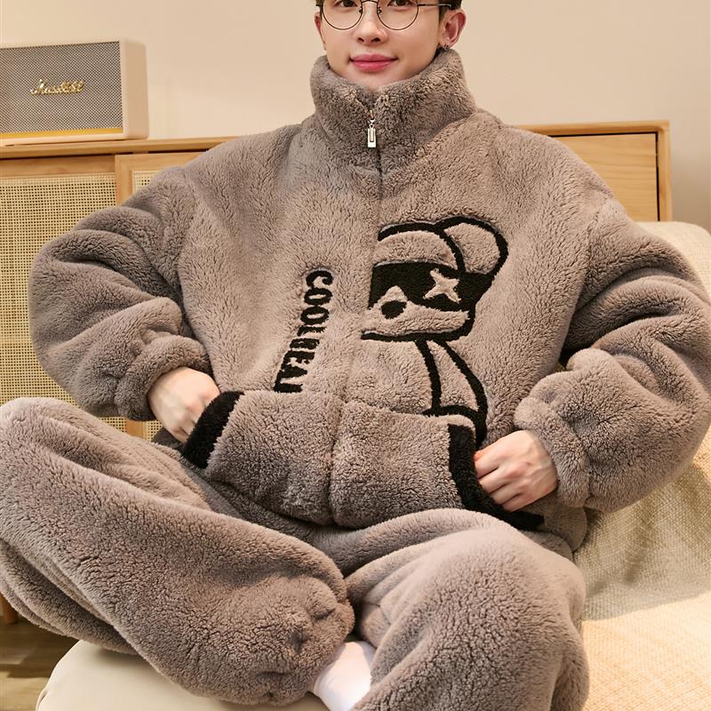 睡衣男款2025新款冬季珊瑚绒加厚加绒男士大码青少年学生大童套装