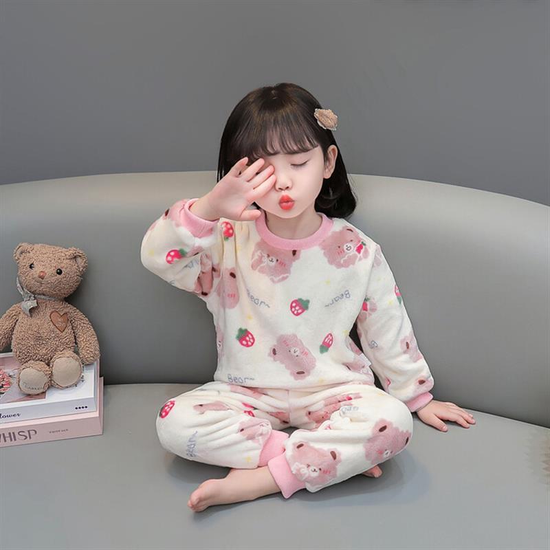 女童睡衣套装秋冬款加厚2025新款女宝宝冬季套头儿童法兰绒家居服
