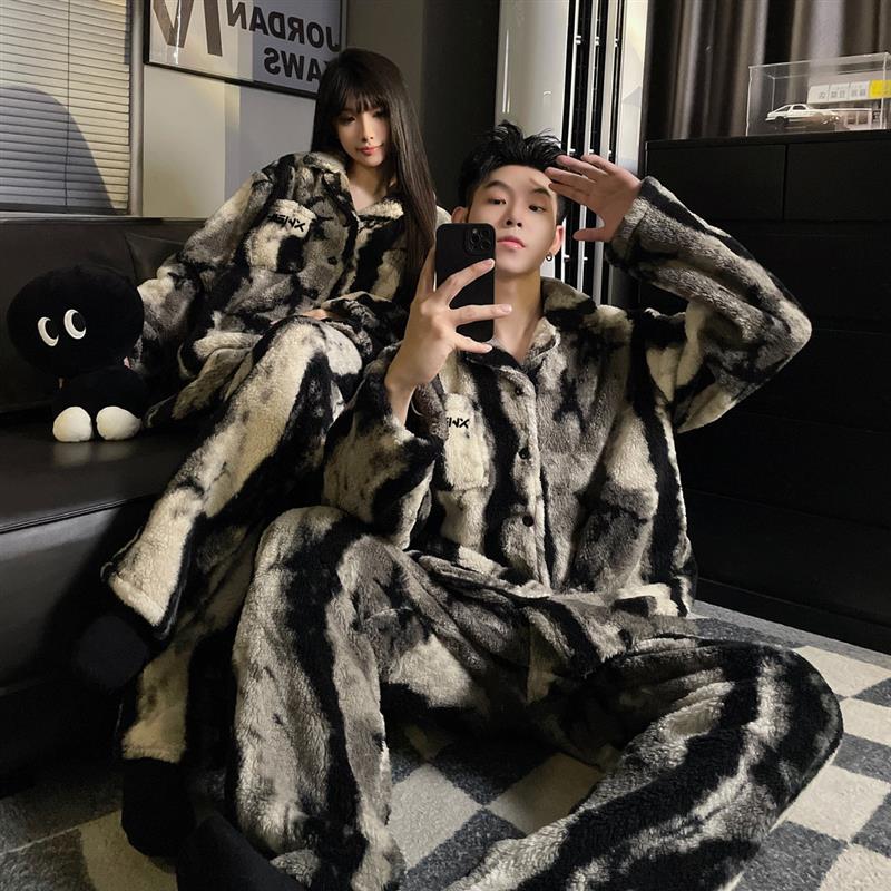 情侣睡衣珊瑚绒冬季加绒加厚黑色高级感可外穿家居服男女时尚套装