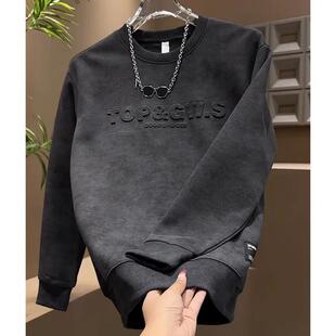 加绒卫衣男款韩版帅气休闲圆领加厚打底衫男装2025秋冬季潮流扎染