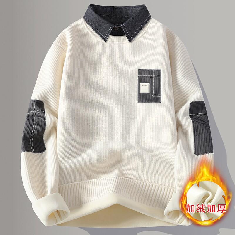 一体绒毛衣男秋冬款加绒加厚假两件长袖衣服潮牌衬衫领打底针织衫