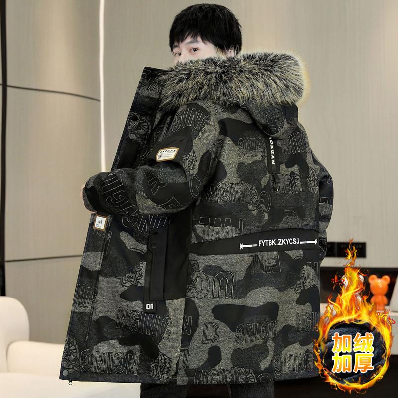 中长款棉衣男冬季加绒加厚军大衣外套青少年个性迷彩牛仔派克棉服