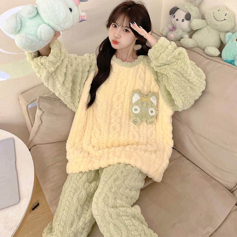 儿童睡衣女童秋冬季珊瑚绒加厚套装大童女孩法兰绒初中学生家居服