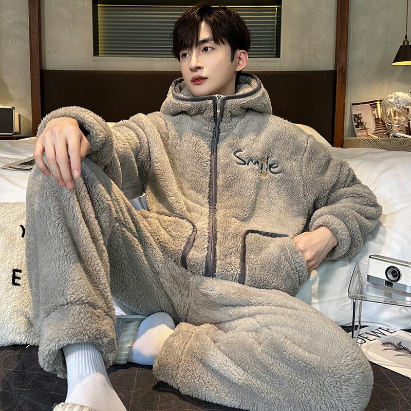 秋冬季男士睡衣珊瑚绒加绒加厚法兰绒连帽款可外穿家居服套装冬天