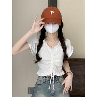 上衣 纯欲风木耳边抽绳露脐短袖 t恤女夏季 白色设计感别致修身 短款