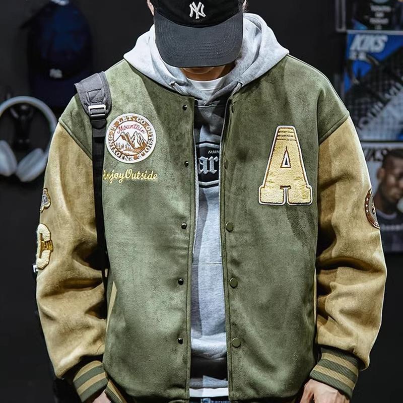 秋冬2024新款棒球服男款潮牌青少年麂皮绒棉服飞行员美式夹克外套