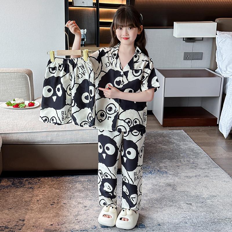 女童冰丝睡衣夏季三件套装短袖长裤薄款中大童女孩仿棉儿童家居服