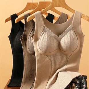 冬季双面拉丝保暖背心带胸垫羊毛衬里和加厚的基础层v领上衣