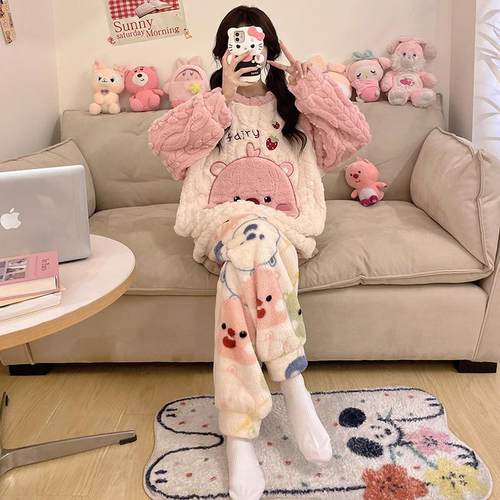女童睡衣冬季珊瑚绒加厚加绒胖MM法兰绒大童学生宿舍穿家居服套装