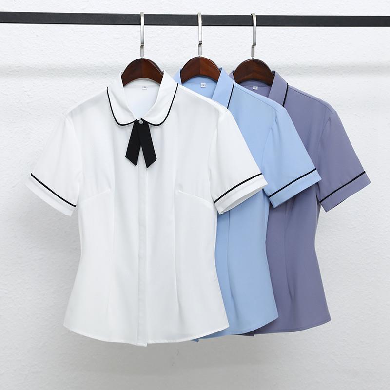 职业白色短袖衬衫女2025夏季新款酒店前台餐饮套装正装工作服衬衣