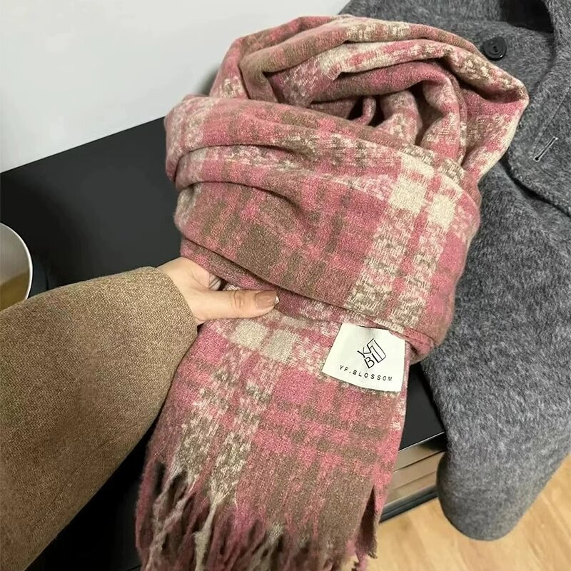 粉色围巾干枯玫瑰粉色氛围感高级感百搭加厚围脖格子女秋冬款