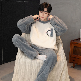冬季睡衣男加绒加厚加绒企鹅睡衣秋冬天法兰绒家居服睡衣套装