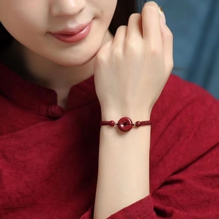 本命年紅繩朱砂平安扣手鏈女手工編織手繩手串純銀福牌腳鏈繩朱砂