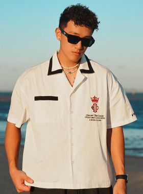 OOTC「旅行」古巴领衬衫时尚休闲衬衫夏季新款男士短袖衬衣夏潮流