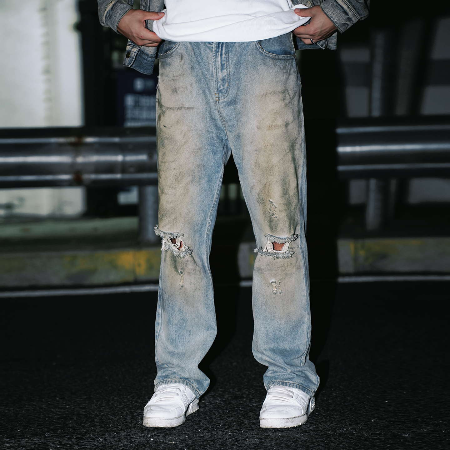 OOTC 美式街头复古泥染牛仔裤高腰气质破洞长裤秋冬新款水洗直筒