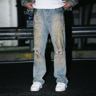 秋冬新款 OOTC 高腰气质破洞长裤 街头复古泥染牛仔裤 水洗直筒 美式