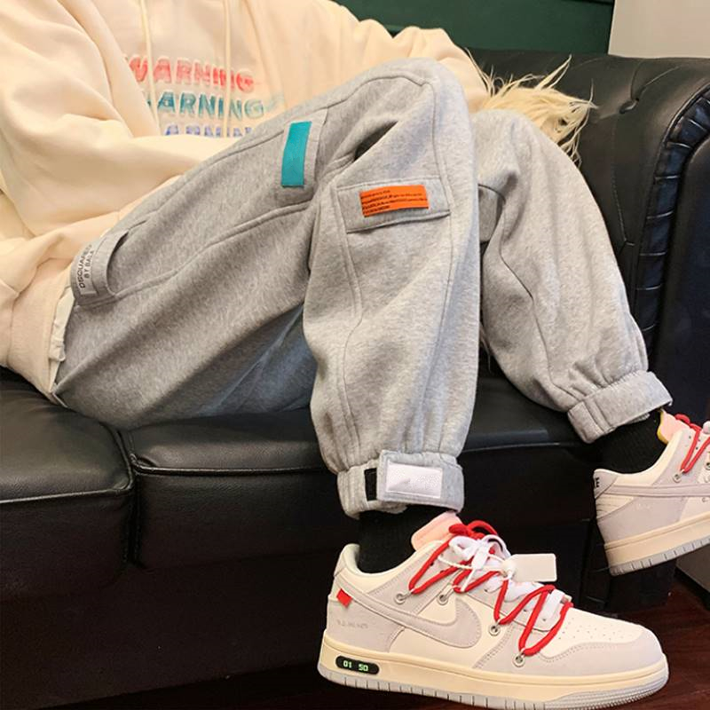 加绒加厚卫裤男冬季2021新款ins宽松潮流百搭潮牌魔术贴束脚裤子