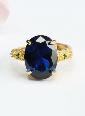 培育尖晶石戒指蓝色宝石指环指圈彩宝女士复古民族风饰品戒圈珠宝