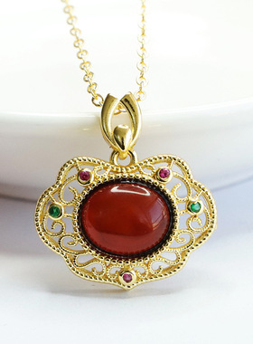 天然琥珀吊坠血珀如意项链国潮首饰新中式民族风男女士饰品挂件