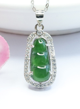 S925银镶A货冰种翡翠四季豆吊坠帝王绿玉石新中式民族风饰品礼物
