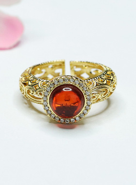 天然琥珀戒指血珀指环复古珠宝首饰女士款礼品气质文雅大气饰品