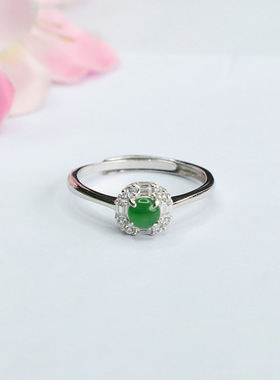 S925银镶天然A货翡翠戒指冰种帝王绿指环男女士百搭简约时尚饰品