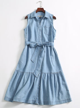 欧美单！DP119美金！全棉无袖翻领高腰显瘦牛仔衬衫裙长裙子女春