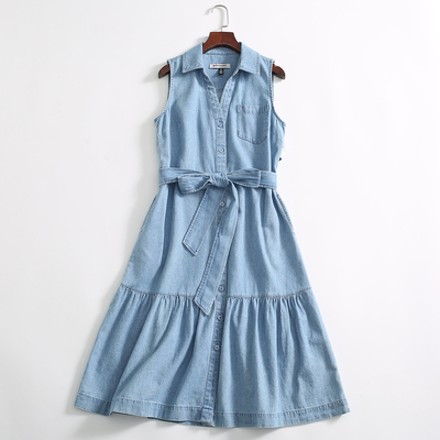 欧美单！DP119美金！全棉无袖翻领高腰显瘦牛仔衬衫裙长裙子女春