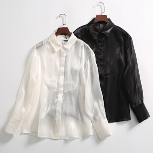 衬衣女春夏 宽松透视感长袖 出口单 高级感人鱼姬光泽欧根纱衬衫