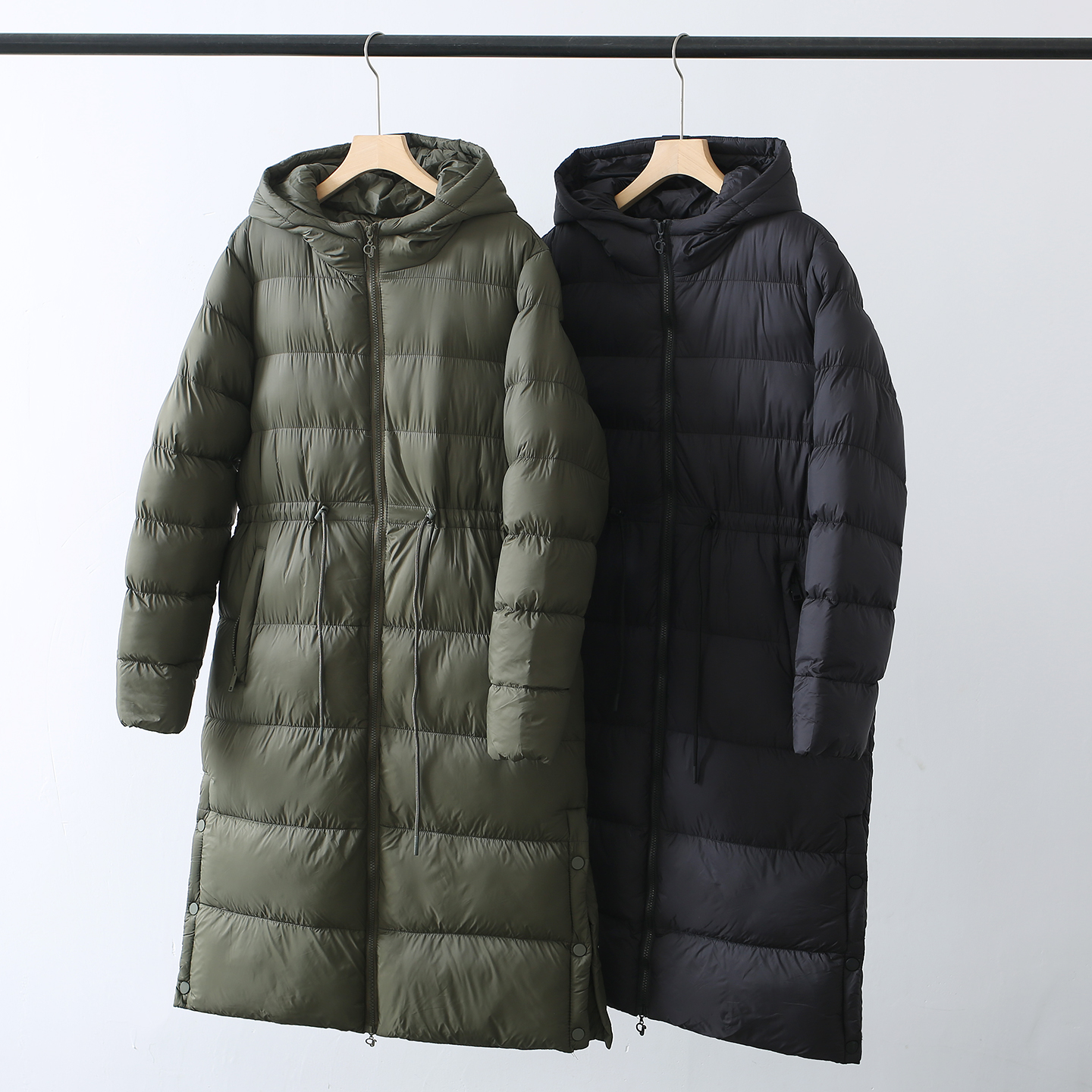 美国单！整单！秋冬加厚保暖连帽双拉链中长款抽绳收腰棉衣棉服女