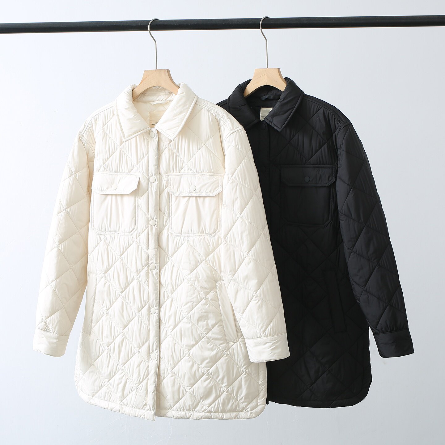 美国单！秋冬中长款宽松轻薄翻领多口袋菱形格衬衫式棉衣棉服女